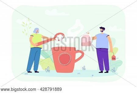 Man And Woman Brewing Huge Cup Of Tea. Flat Vector Illustration. Huge Cup Of Boiling Water, Girl Put
