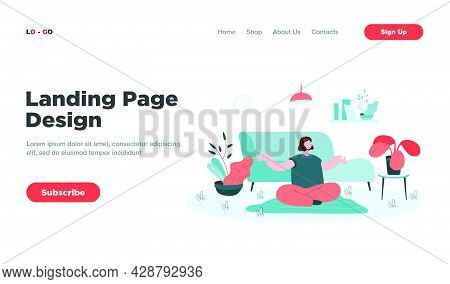 Peaceful Woman Doing Yoga At Home Flat Vector Illustration. Cartoon Calm Female Character Sitting In