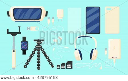 Set Of Graphic Phone Accessories Flat Vector Illustration. Isolated Smartphone, Battery, Charger, Co