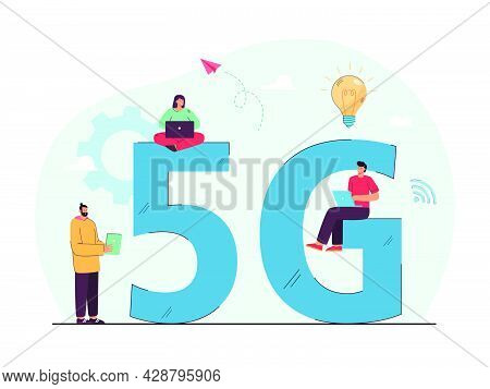 Tiny People Using Superfast Internet. Men And Women With Laptops And Tablets Using 5g Network, Commu