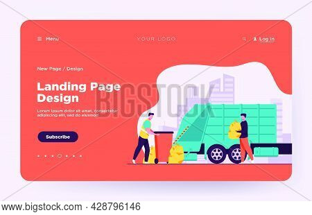 Trash Pickup Worker Cleaning Dustbin At Truck. Man Carrying Trash In Plastic Bag Flat Vector Illustr