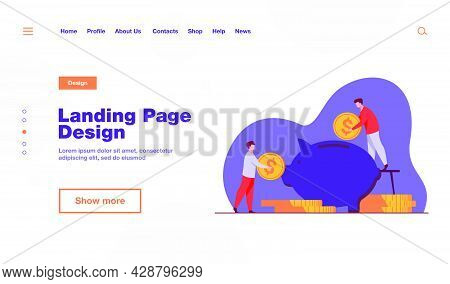 Two Investors Putting Coins In Piggybank. Bank, Money, Income Flat Vector Illustration. Finance And 