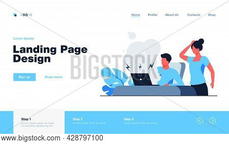 Young Man Having Broken Computer And Woman Shocked. Fume, Defect. Flat Vector Illustration. Broken T