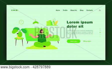 Peaceful Woman Doing Yoga At Home Flat Vector Illustration. Cartoon Calm Female Character Sitting In