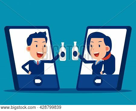 Clunking Online With Beer Via Internet Video Call. Online Vector Illustration