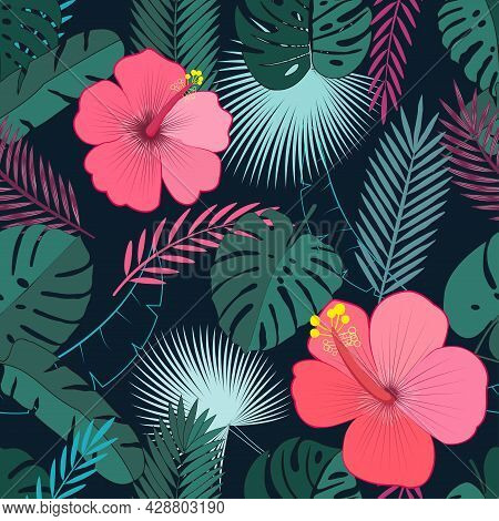 Seamless Pattern With Hibiscus Flowers And Tropical Palm Leaves.