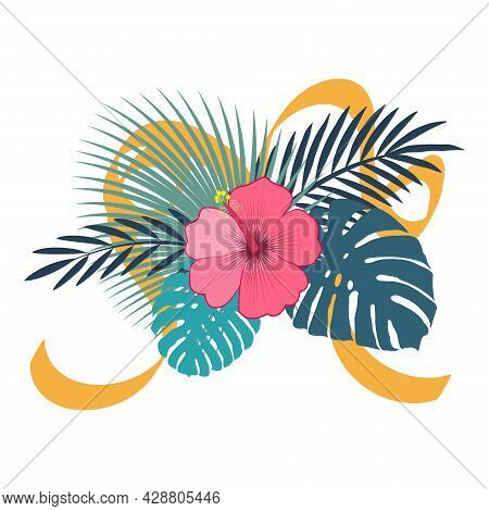 Card Template With Hibiscus In Abstract Style On White Background.