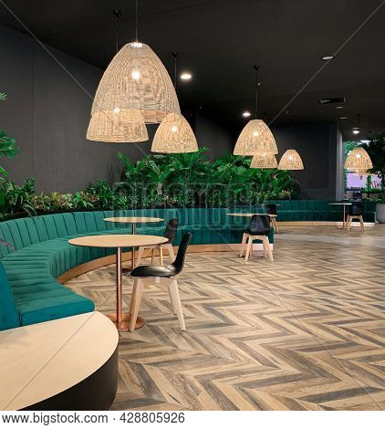 Contemporary Interior Design Of A Public Building Space With Wooden Floor And Chandelier, Modern Fur