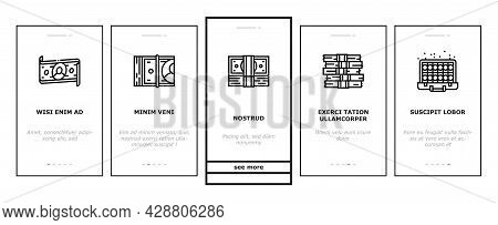 Currency Video Games Onboarding Mobile App Page Screen Vector. Playing Money Banknotes And Coin Stea