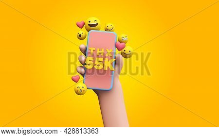 Thanks 55k Social Media Supporters. Cartoon Hand And Smartphone. 3d Render.