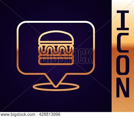 Gold Line Online Ordering And Burger Delivery Icon Isolated On Black Background. Vector
