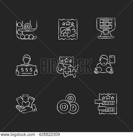 Lottery Games Types Chalk White Icons Set On Dark Background. Ball Draw Machine. Scratchcards. Prize