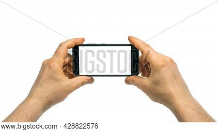 Man With Left And Right Hand Holding A Mobile Smartphoneisolated On White Background With Clipping P