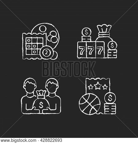 Participation In Lottery Chalk White Icons Set On Dark Background. Bingo Game. Winning Large Cash Re