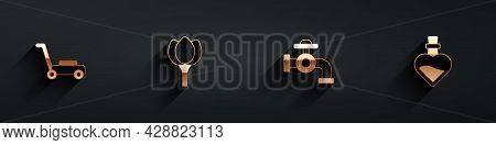 Set Lawn Mower, Flower Tulip, Water Tap And Bottle With Love Potion Icon With Long Shadow. Vector