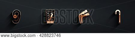 Set Hearing Aid, False Jaw Glass, Bone Pain And Walking Stick Cane Icon With Long Shadow. Vector