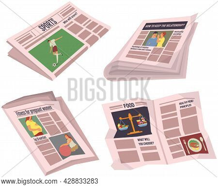 Collection Of Newspapers Isolated On White Background. Bundle Of Periodical Publications Of Various 