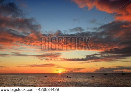 Guadeloupe Coast. Caribbean Vacation Landscape. Sunset At Plage Caraibe Beach In Pointe Noire.
