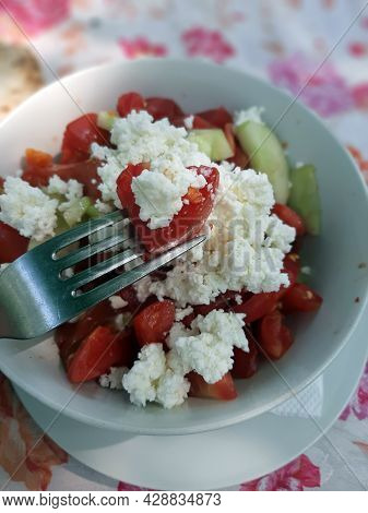 Garden Salat In A Bowl. Home Made Salat. Tomato, Cucumber And Cheese Salat.