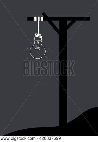 Illustration Of A Light Bulb As A Rope Hanging On A Wood Frame, Isolated On A Grey Background