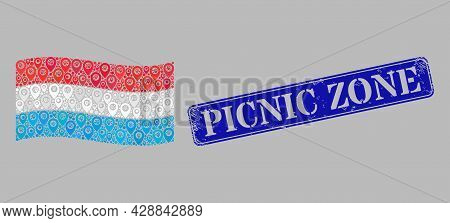 Mosaic Targeting Waving Luxembourg Flag Constructed Of Point Elements, With Scratched Blue Rectangle