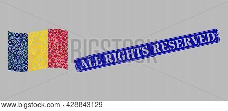 Mosaic Targeting Waving Chad Flag Constructed With Map Items, With Grunge Blue Rectangular All Right