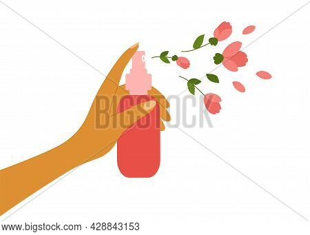 Rose Water, Flower Hydrolat, Perfume, Natural Cosmetics. Female Hand Holding Aerosol Dispenser Spray