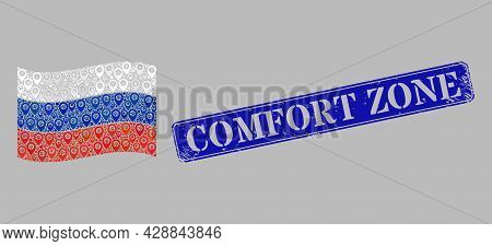 Mosaic Pointer Waving Russia Flag Constructed With Site Elements, With Distress Blue Rectangular Com