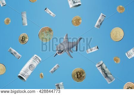 A Great White Shark Around Cryptocurrency And Money On A Blue Background.