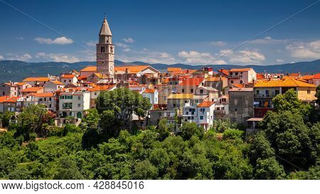 Vrbnik, Croatia. Panoramic Cityscape Image Of Iconic Village Of Vrbnik, Croatia Located On Krk Islan