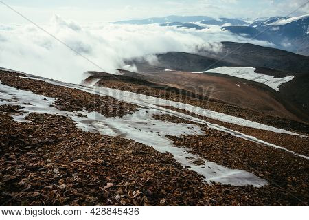 Scenic Alpine Landscape With Layers Of Mountains To Horizon In Dense Low Clouds. Wonderful Layered M