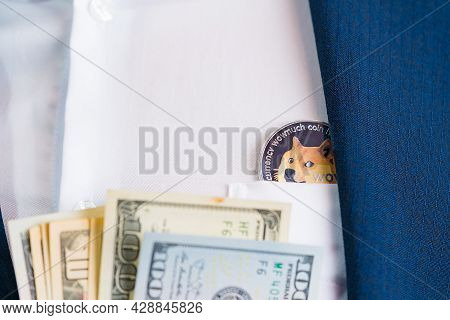 Close Up Dogecoin Coin Doge Included With Cryptocurrency And Stack 100 Hundred New Us Dollar Money A