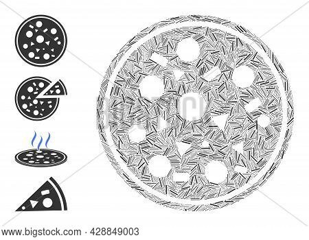 Hatch Mosaic Entire Pizza Icon Designed From Narrow Items In Various Sizes And Color Hues. Irregular