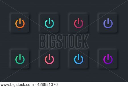 Set Of Colorful Square Power Buttons In Modern Neumorphic Trend Style. Turn On Mode. Ui, Ux Set For 