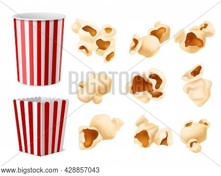 Realistic Popcorn. Food Packaging, Corn Flakes Paper Box And Bucket, Large Cup, Fluffy Corns Differe