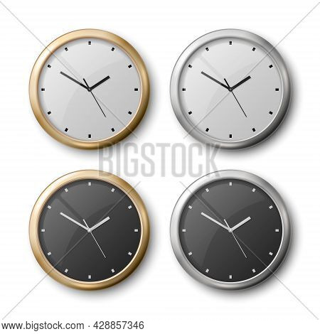 Vector 3d Realistic Metal Wall Office Clock Icon Set Isolated On White. White Dial, Black Dial. Desi