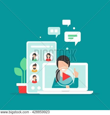 Webinar, Online Lass, Remote Team Work Concept. Learn And Study Via Teleconference Or Video Course. 