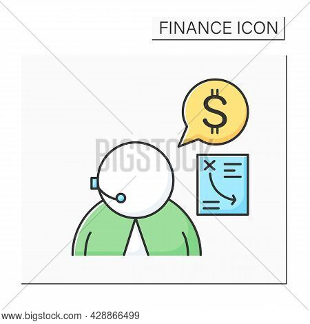 Financial Advisor Color Icon. Personal Finances Consultant Wearing Headset. Concept Of Tax Reduction