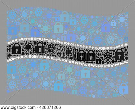 Mosaic Covid Lockdown Waving Botswana Flag Designed With Locks And Viral Icons. Vector Collage Wavin