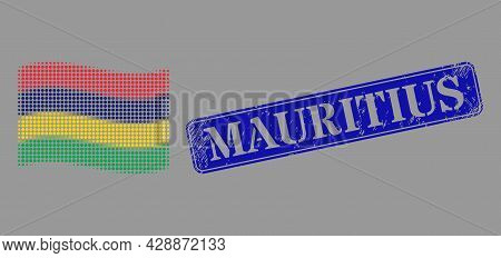 Dotted Halftone Waving Mauritius Flag Icon, And Mauritius Rubber Rectangle Stamp Seal. Vector Halfto