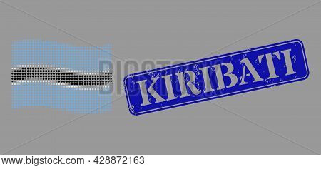Dotted Halftone Waving Botswana Flag Icon, And Kiribati Rubber Rectangle Stamp Seal. Vector Halftone
