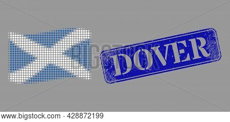 Dotted Halftone Waving Scotland Flag Icon, And Dover Textured Rectangle Stamp Seal. Vector Halftone 