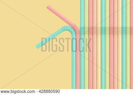 Set Of Colorful Drinking Straws In Pastel Tones On A Yellow Background. 3d Rendering