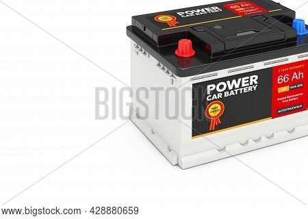 Rechargeable Car Battery 12v Accumulator With Abstract Label On A White Background Extreme Closeup. 