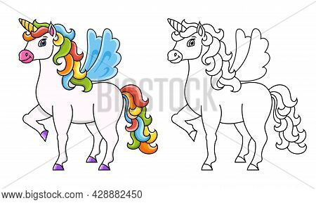 Cute Unicorn With Wings. Magic Fairy Horse. Magic Fairy Horse. Coloring Book Page For Kids. Cartoon 