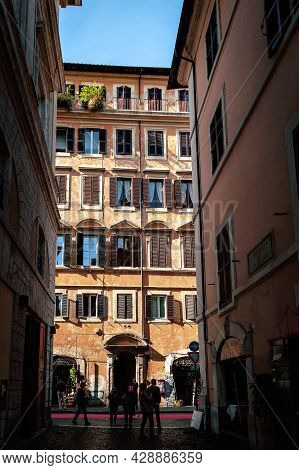 Rome, Italy - October 2019: View Of Small Alley Of Vicolo Del Curato Towards Street Of The Bank Of T