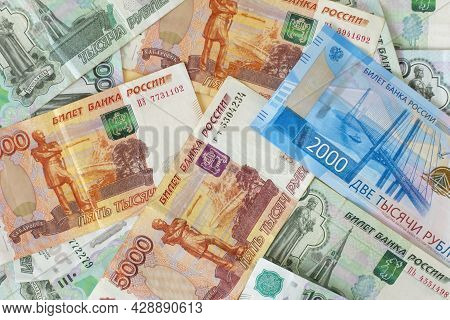 Banknotes In Russian Rubles. The Ruble Is The Currency Of Russia.russian Money In Denominations Of 1