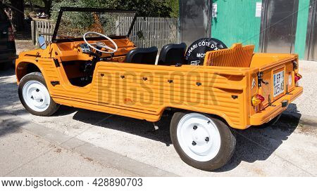 Bordeaux , Aquitaine France - 07 25 2021 : Citroen Mehari Car Orange Vintage Buggy Old Retro Beach C
