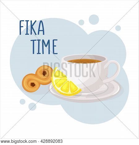 Cup Of Coffee Or Tea And Lussekatt. Coffee Break Fika Concept. Isolated Hand Drawn Vector Illustrati