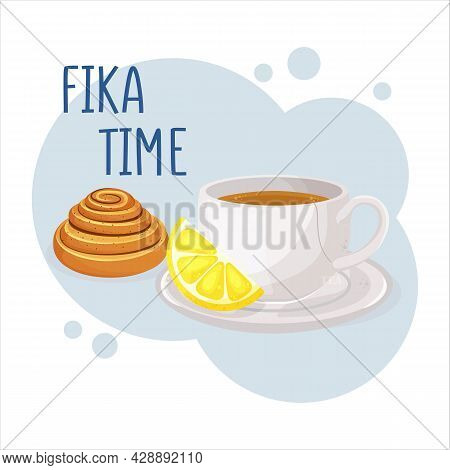 Cup Of Coffee Or Tea And Kanelbulle. Coffee Break Fika Concept Isolated Hand Drawn Vector Illustrati